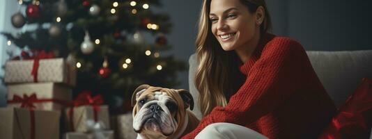 AI generated woman sits with a bulldog near a christmas tree photo