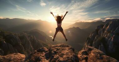 AI generated young woman jumping for joy on the mountains photo
