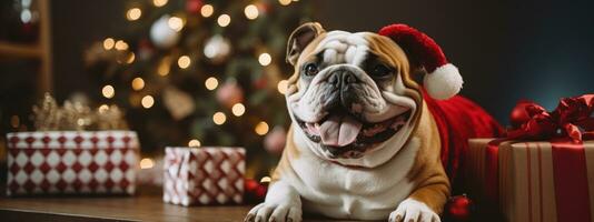 AI generated bulldog sits a near a christmas tree photo