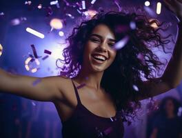 AI generated young student dancing at club with confetti falling down photo