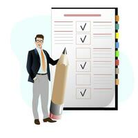 Business man with pencil check to do list. Clipboard with check, business plan checklist, checkmark achievement goal, vector illustration