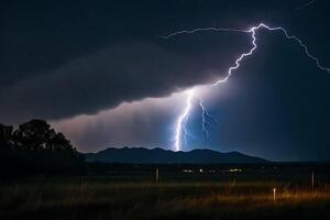 AI generated lightning strikes over a field with mountains in the background photo