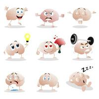 Set of cartoon brain emotion. Funny clip graphic characters. Illustration of brain crying and angry, meditation and thinking, sad and sleep, depressive and enamored vector