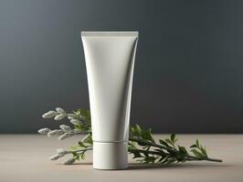 AI generated white tube of face cream next to a plant on a grey background photo