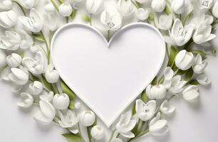 ai generado blanco sábana corazón rodeado por flor ramos de flores y tulipanes San Valentín día foto