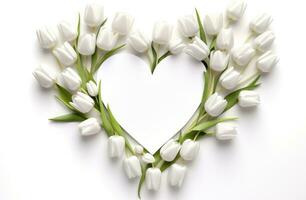 AI generated white sheet heart surrounded by flower bouquets and tulips Valentine's day photo