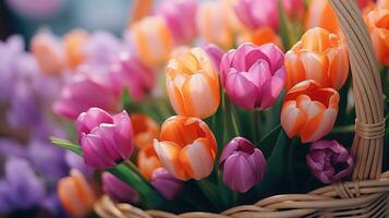 AI generated tulips are sitting on the edge of a wicker basket photo