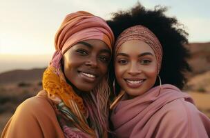 AI generated two African women standing in front of the camera taking a selfie photo