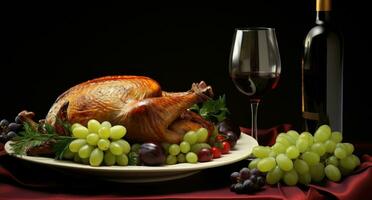 AI generated turkey dinner with some wine at the side turkey photo