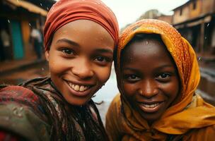 ai generado dos africano mujer en pie en frente de el cámara tomando un selfie foto