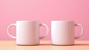 AI generated two pink coffee mugs and a pink surface photo