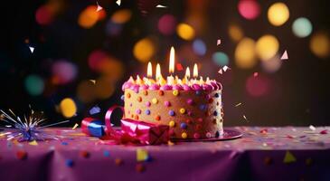 ai generado el cumpleaños pastel es tendido en el mesa en frente de un decorado presente foto