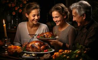 AI generated thankful grandmother is eating dinner with her three grandkids photo