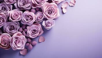 AI generated purple roses and hearts on a violet background photo