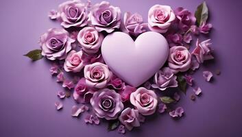 ai generado púrpura rosas y corazones en un Violeta antecedentes foto