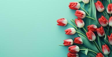 AI generated red tulips on a blue background with copy space photo