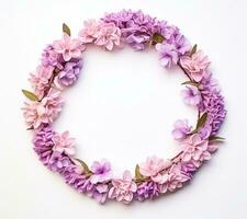 AI generated round frame with flowers and leaves on white background photo