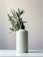 AI generated scented lotion bottle with lavender leaves or plant photo