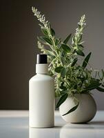 AI generated scented lotion bottle with lavender leaves or plant photo