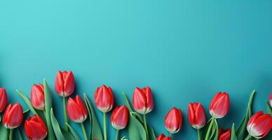 AI generated red tulips on a blue background with copy space photo
