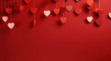 AI generated cut paper heart shapes hanging on a red background photo