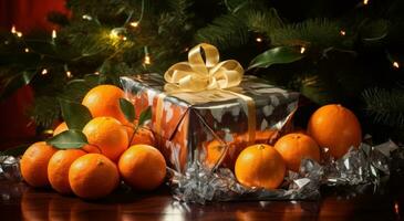 AI generated tinsel trees, presents, a few oranges photo