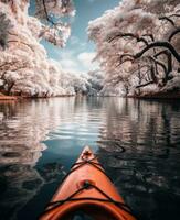 AI generated an attractively decorated kayak is floating past snow covered trees in a lake photo