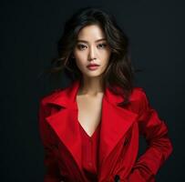 AI generated asian model in red jacket posing. background dark  studio photo