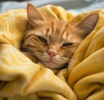 AI generated an orange tabby cat sleeping under sheets photo