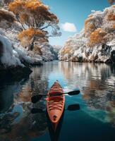 ai generado un atractivamente decorado kayac es flotante pasado nieve cubierto arboles en un lago foto