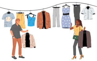 Man and woman near rack with clothes png