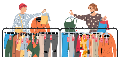 Man and woman near rack with clothes png