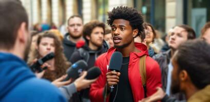 ai generado un joven negro hombre con micrófonos hablando a un multitud foto