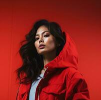 ai generado un joven asiático mujer con un rojo chaqueta posando en un rojo antecedentes foto
