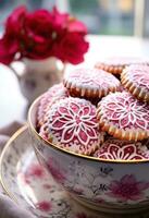 AI generated a white dish has some pink cookies and jam on it photo