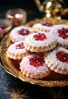 AI generated a white dish has some pink cookies and jam on it photo