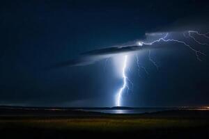 AI generated lightning strikes over a body of water and a field photo