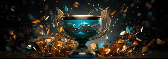 AI generated a trophy on a blue background with confetti scattered around photo