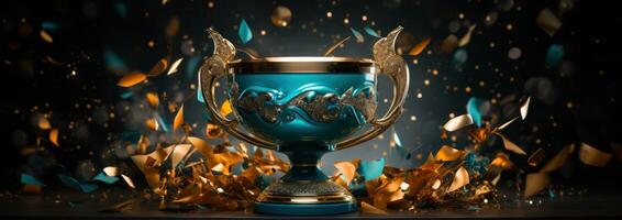 AI generated a trophy on a blue background with confetti scattered around photo