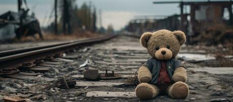 AI generated a teddy bear sitting on a broken path photo