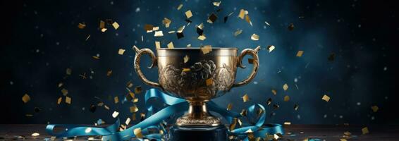 AI generated a trophy on a blue background with confetti scattered around photo