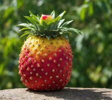 AI generated Ripe strawberry on a background of greenery. Close-up. photo