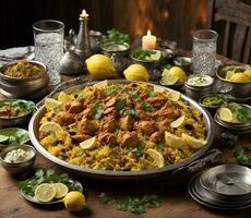 AI generated Pilaf with chicken and vegetables on a wooden background. Selective focus. photo