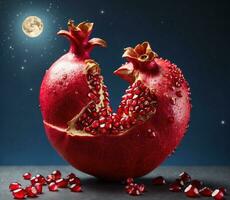 AI generated Ripe pomegranate fruit on dark background with moon and stars photo