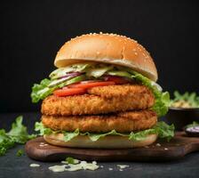 AI generated Homemade hamburger with chicken nuggets and fresh vegetables on dark background photo