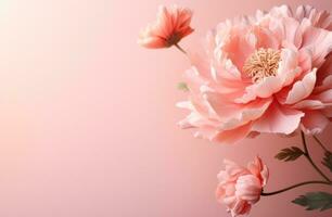 AI generated a pink peony flower and leaves surround a pink background photo