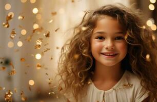 ai generado un pequeño niña en pie y riendo en frente de papel picado foto