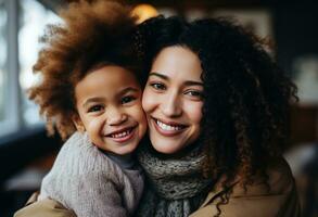 AI generated a mother and daughter hugging while sitting in the kitchen photo