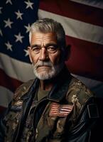 ai generado un hombre en militar Moda en frente de un americano bandera foto
