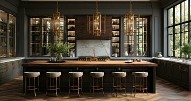 AI generated a large kitchen with a marble island and gold pendant lights photo